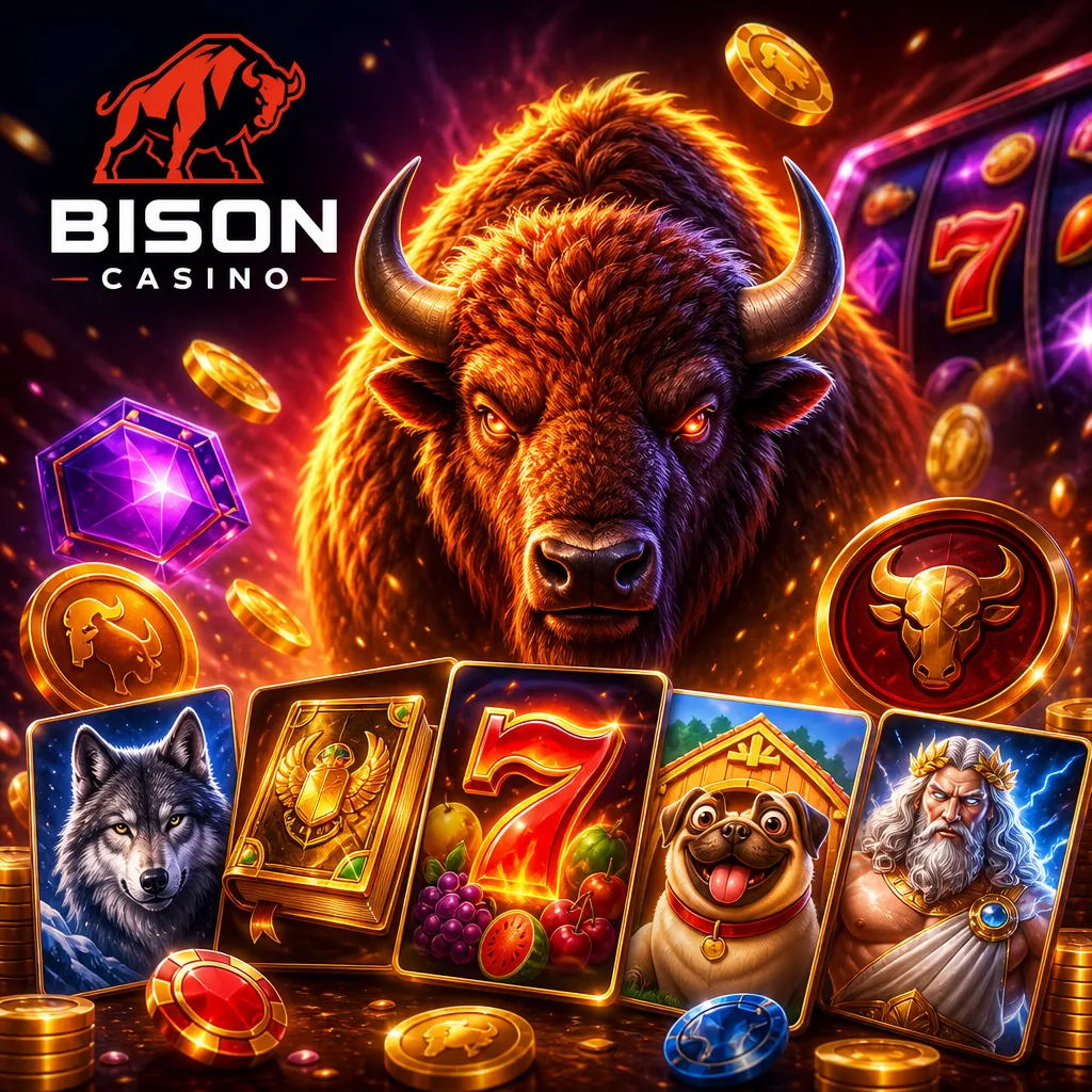 Bison Casino promo image featuring brand logo with themed slot elements.